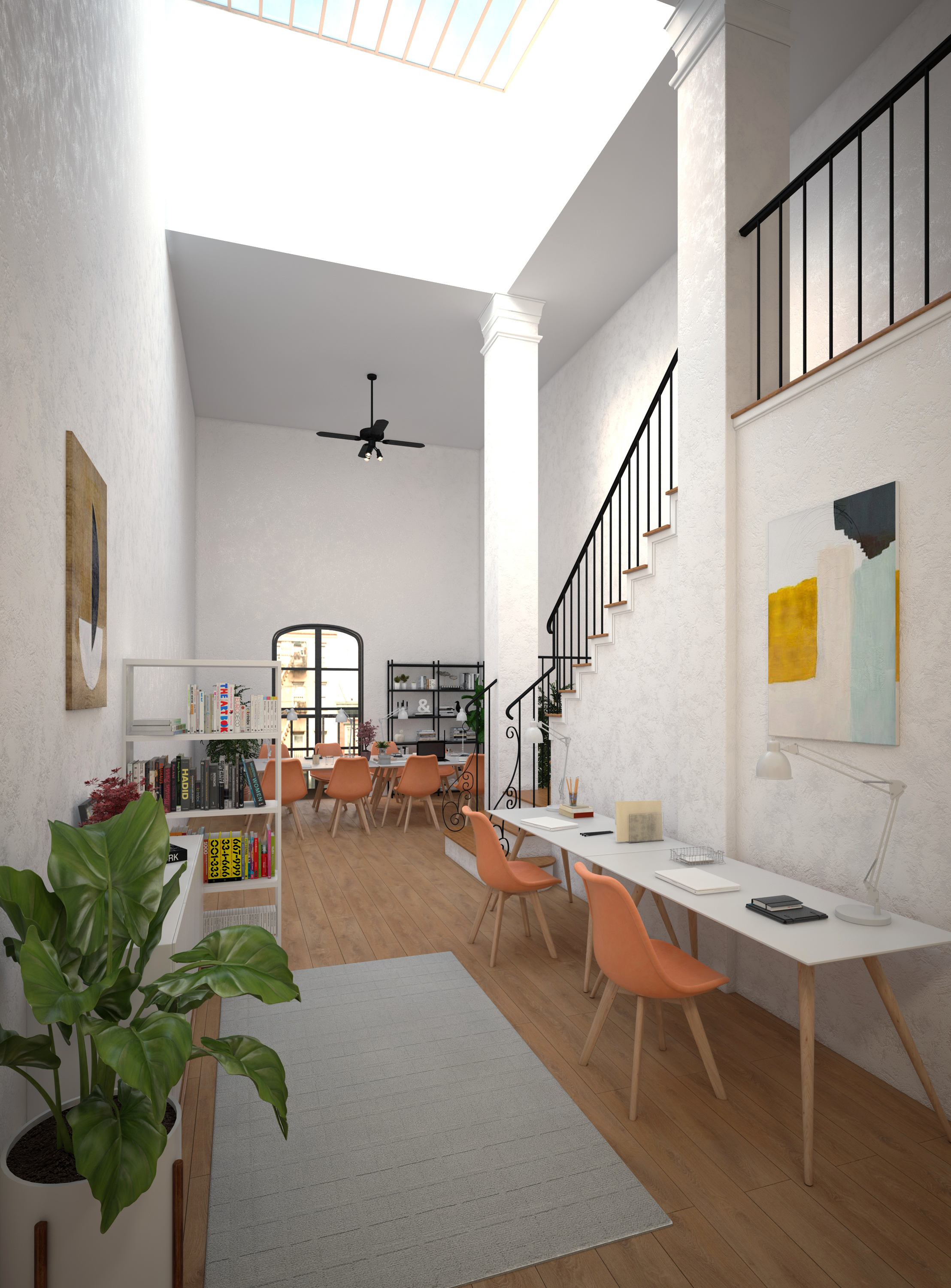 Exterior view of Chapman Court with arched storefronts, palm trees, and the courtyard-facing facade.